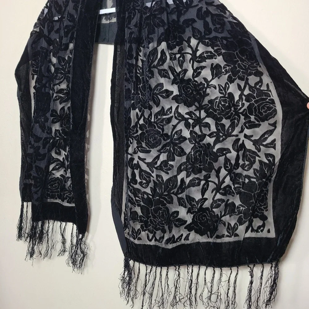 Black‎ Floral Velvet Burnout Scarf Fringe Winter Whimsigoth Fairy Grunge Goth